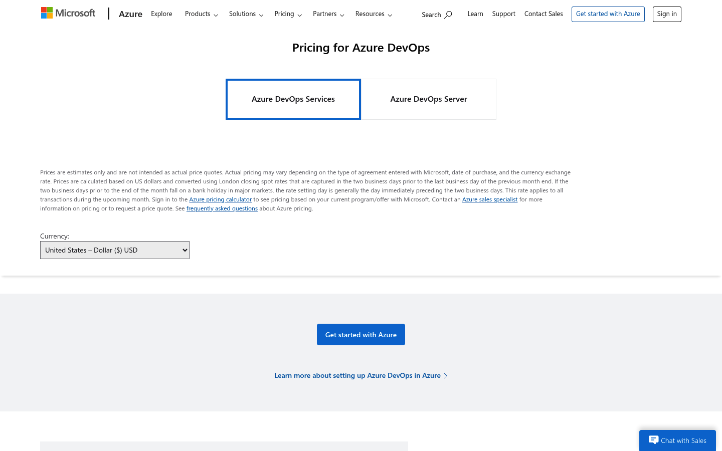 Screenshot of Azure DevOps's pricing page showing its plans and prices