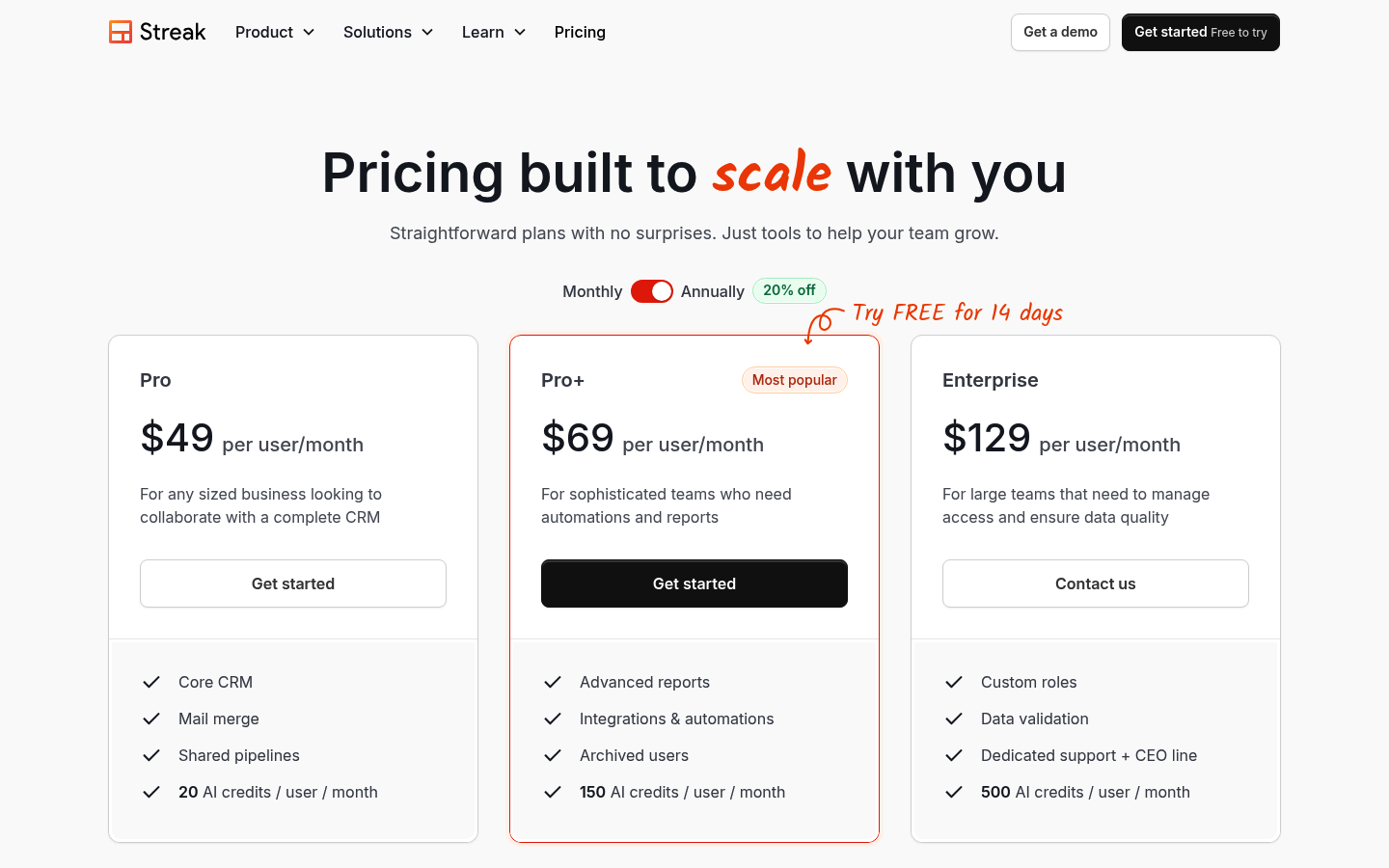 Screenshot of Streak's pricing page showing its plans and prices
