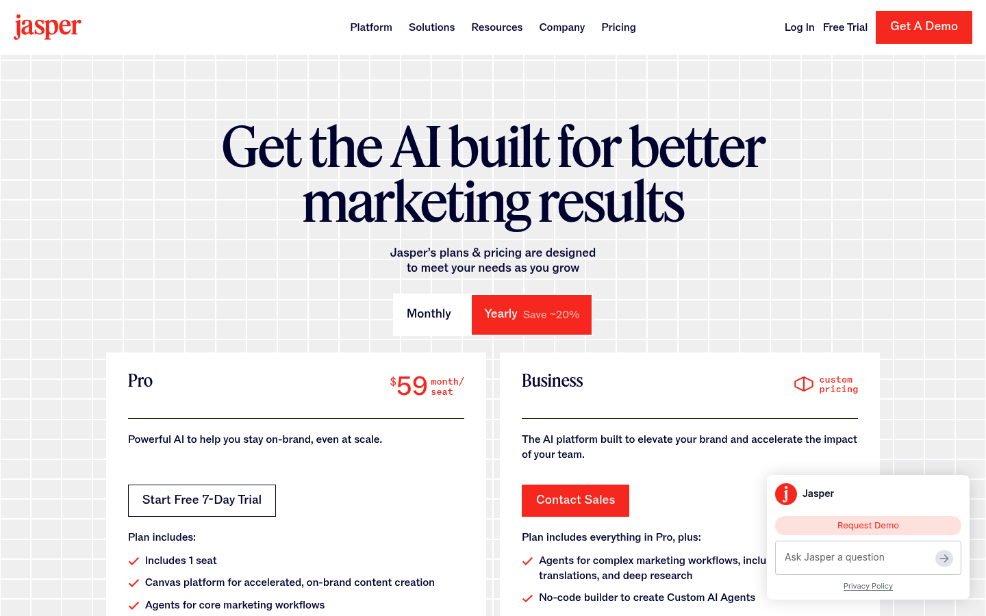 Screenshot of Jasper's pricing page showing its plans and prices