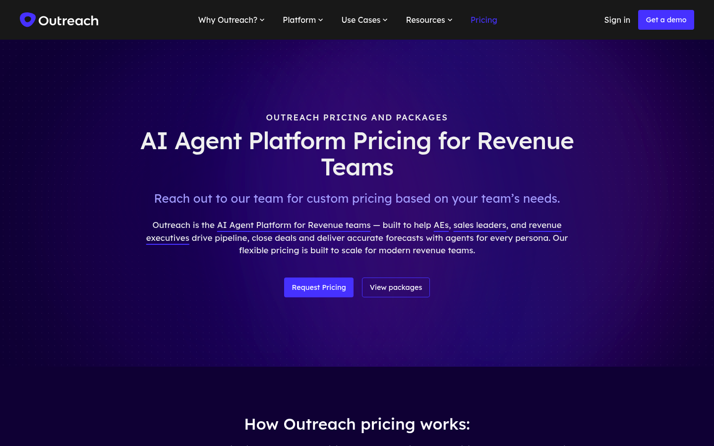Screenshot of Outreach's pricing page showing its plans and prices