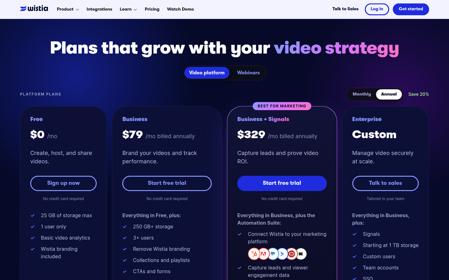 Screenshot of Wistia's pricing page showing its plans and prices