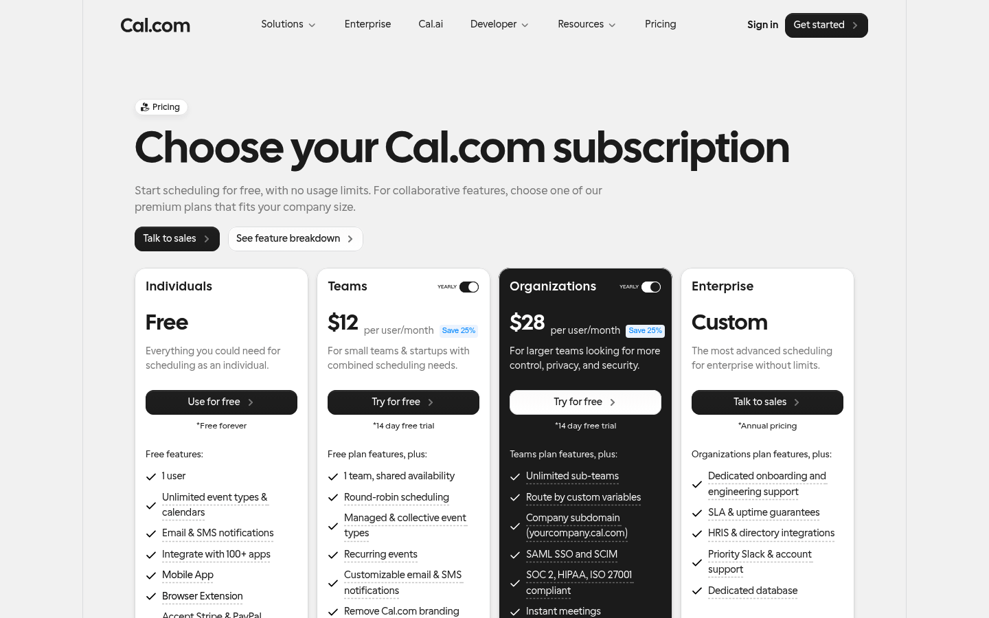 Screenshot of Cal.com's pricing page showing its plans and prices