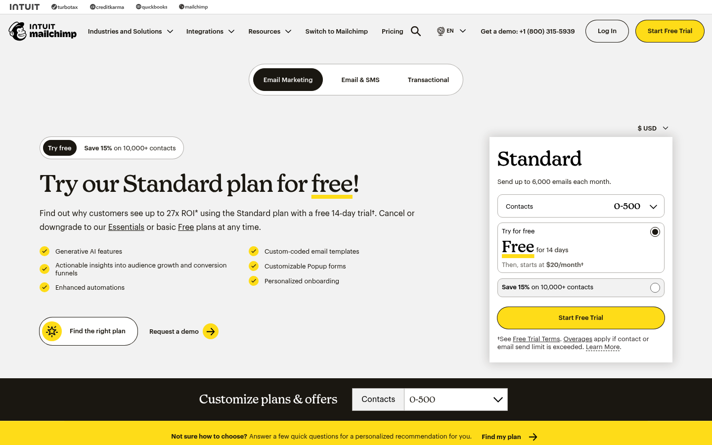 Screenshot of Mailchimp's pricing page showing its plans and prices