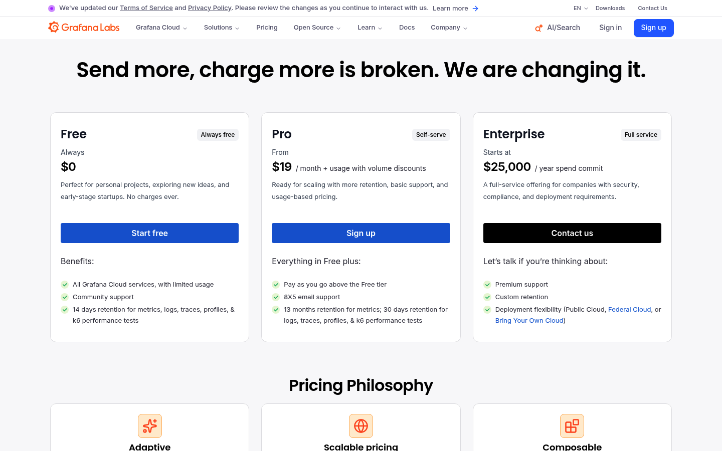 Screenshot of Grafana Cloud's pricing page showing its plans and prices