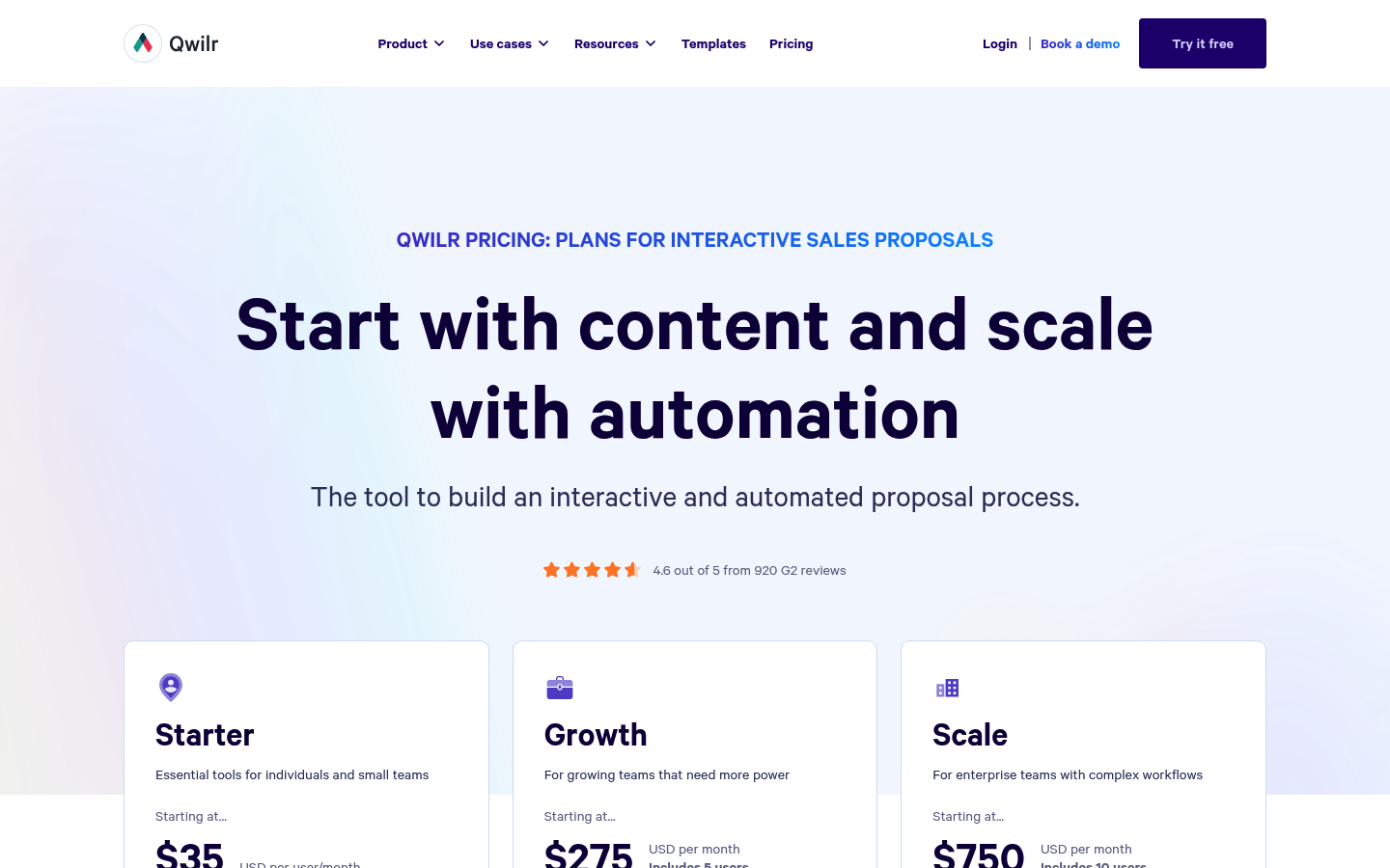 Screenshot of Qwilr's pricing page showing its plans and prices