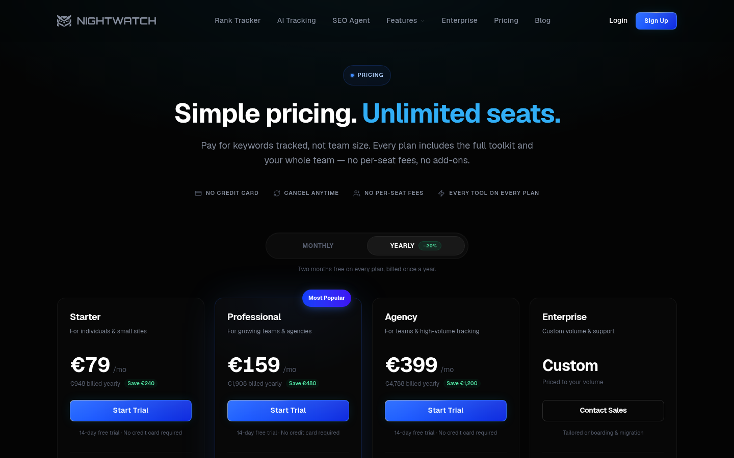 Screenshot of Nightwatch's pricing page showing its plans and prices
