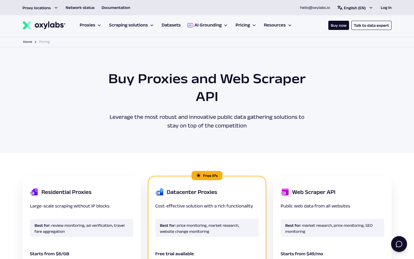 Screenshot of Oxylabs's pricing page showing its plans and prices
