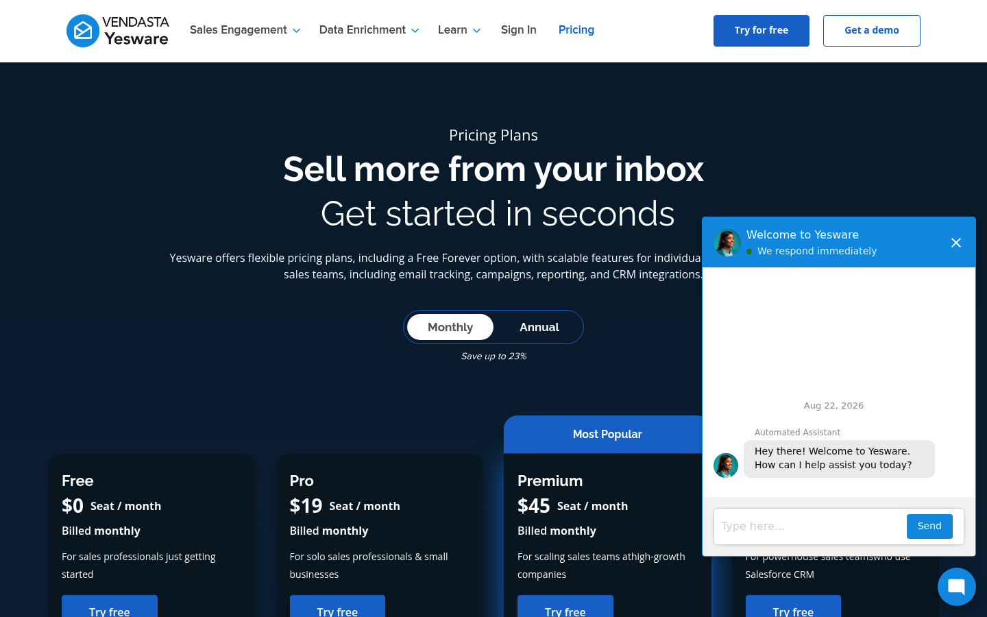 Screenshot of Yesware's pricing page showing its plans and prices