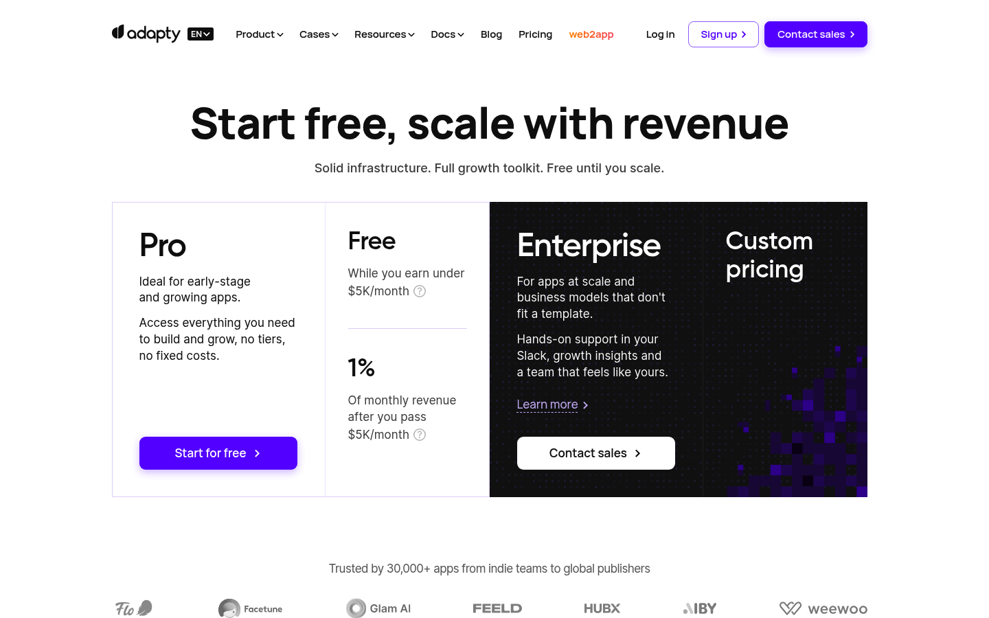 Screenshot of Adapty's pricing page showing its plans and prices