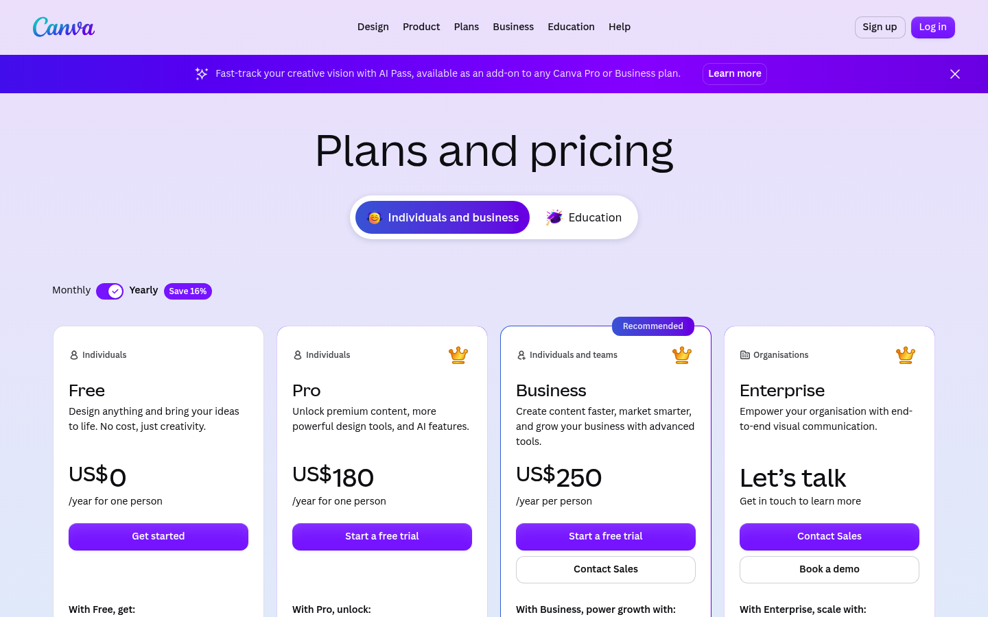 Screenshot of Canva's pricing page showing its plans and prices