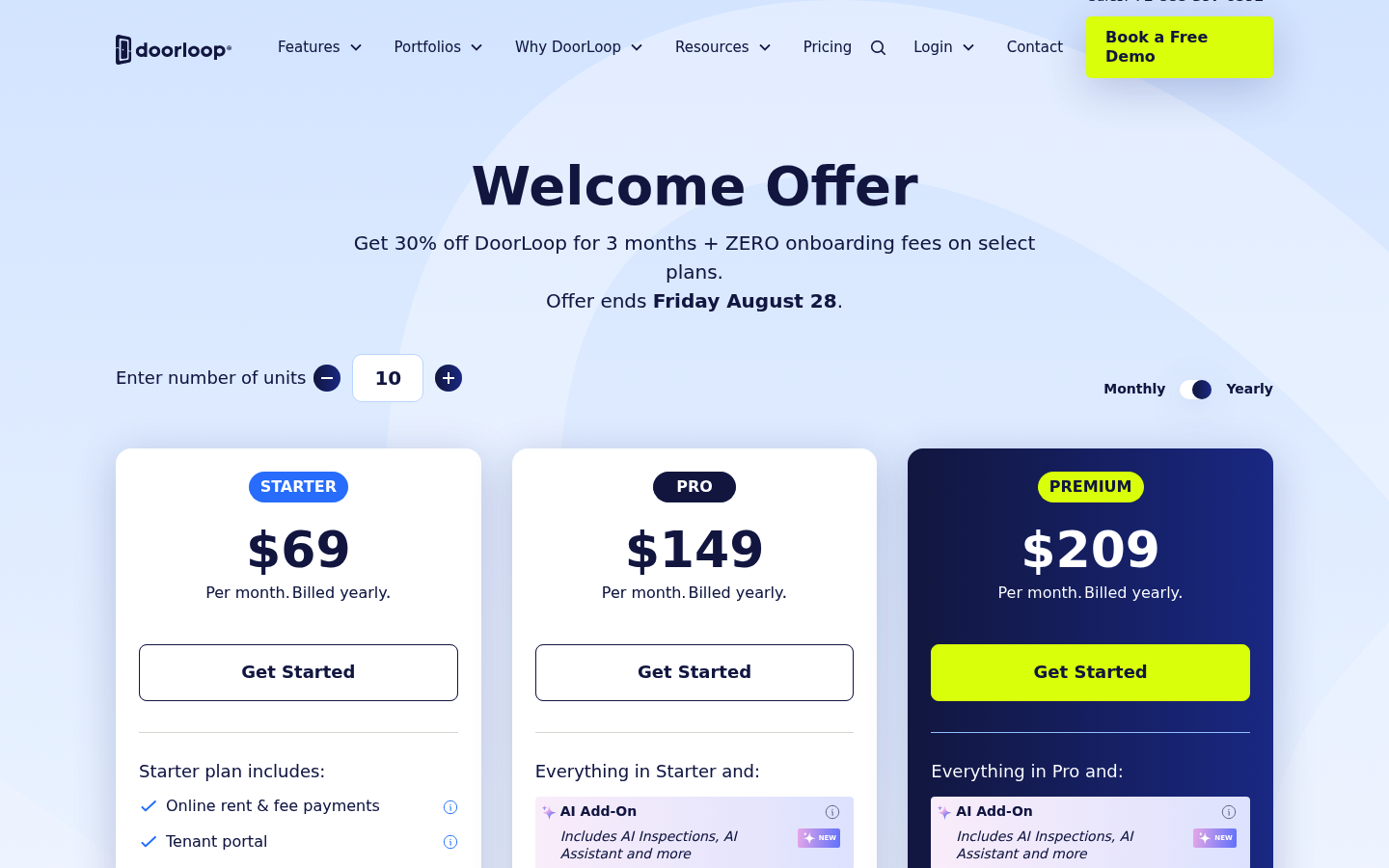 Screenshot of DoorLoop's pricing page showing its plans and prices