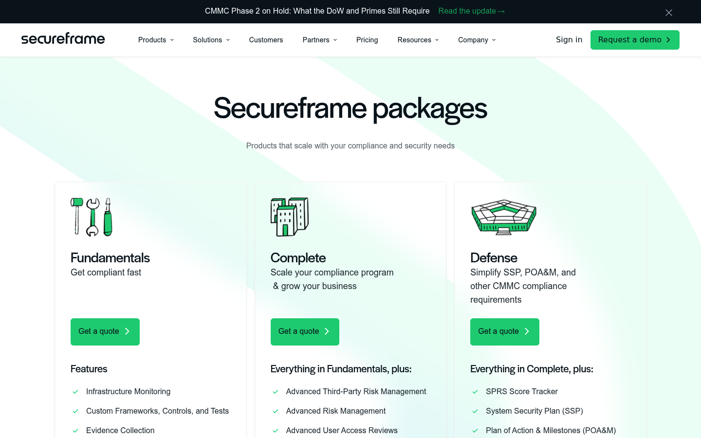 Screenshot of Secureframe's pricing page showing its plans and prices