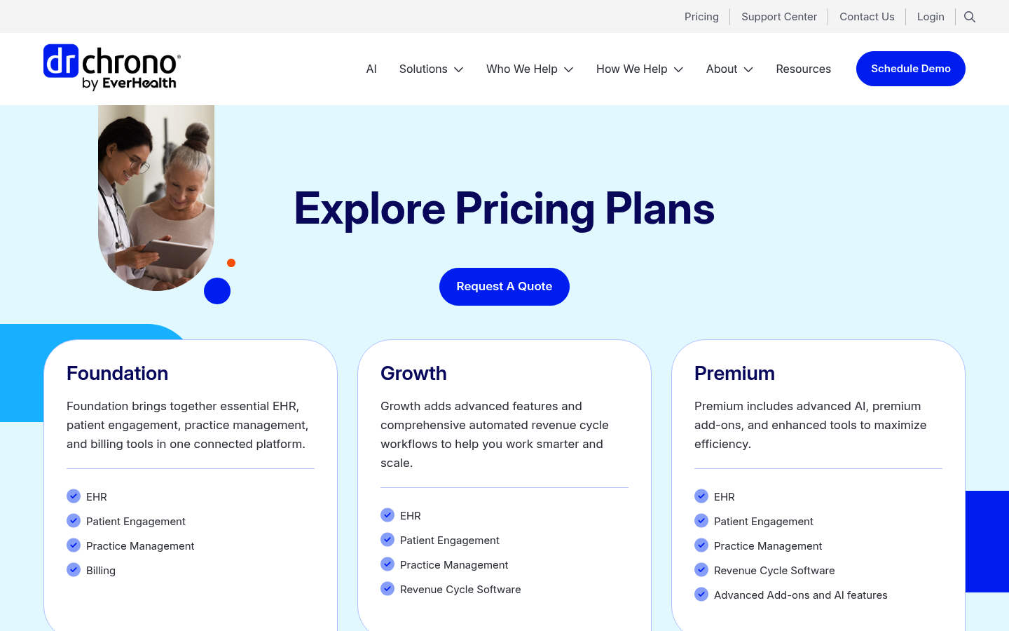 Screenshot of DrChrono's pricing page showing its plans and prices