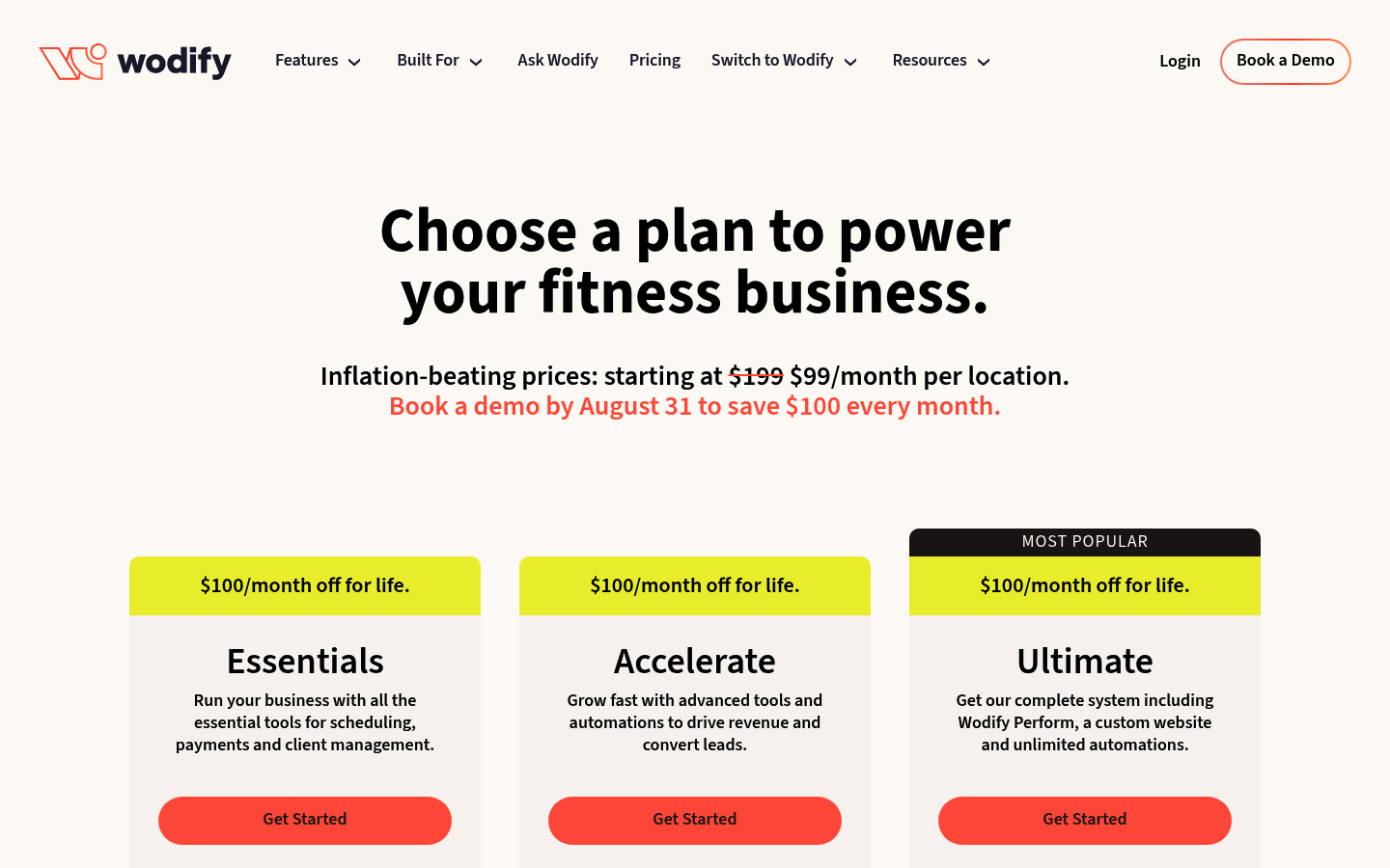 Screenshot of Wodify's pricing page showing its plans and prices