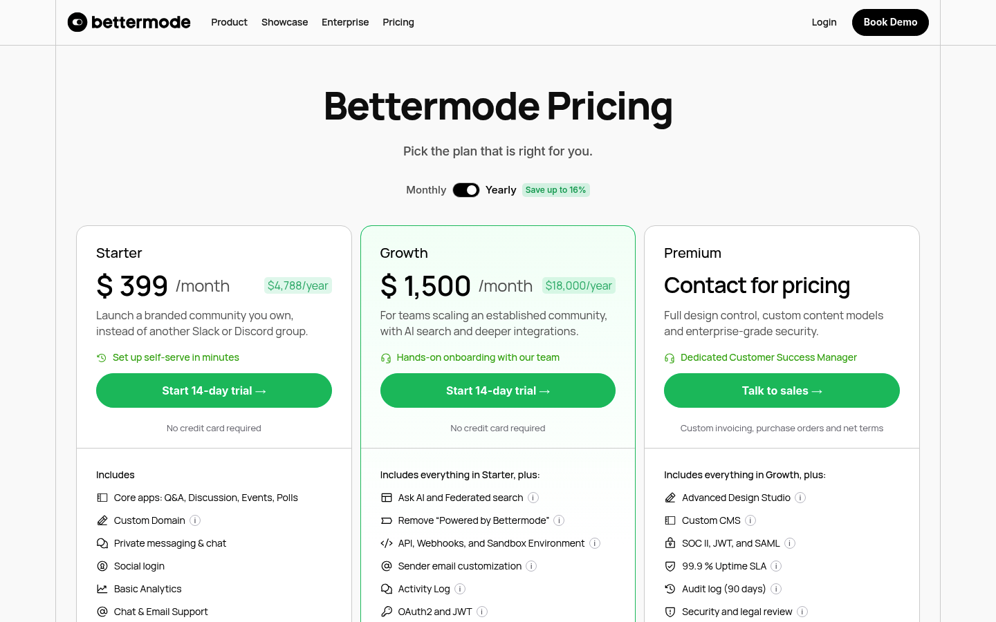 Screenshot of Bettermode's pricing page showing its plans and prices