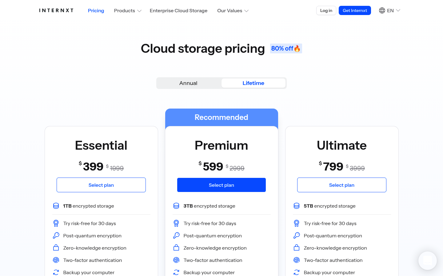 Screenshot of Internxt's pricing page showing its plans and prices