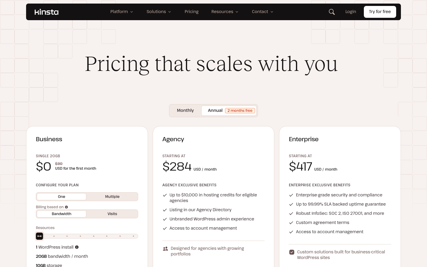 Screenshot of Kinsta's pricing page showing its plans and prices