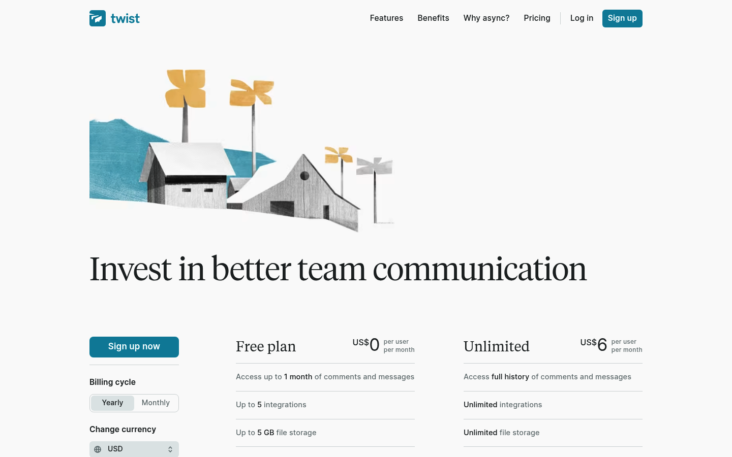 Screenshot of Twist's pricing page showing its plans and prices