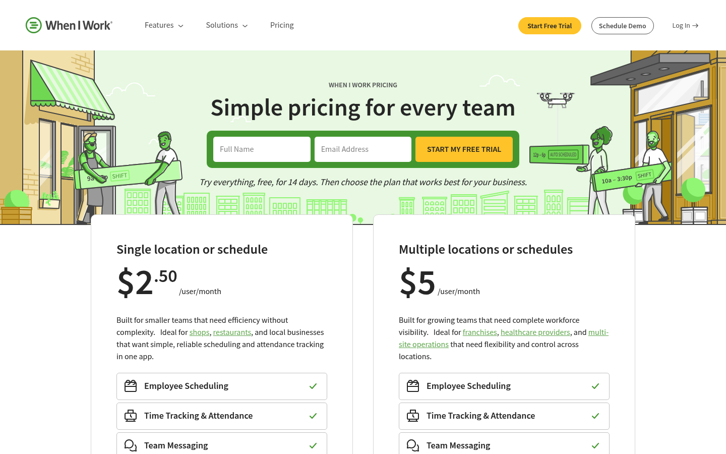 Screenshot of When I Work's pricing page showing its plans and prices