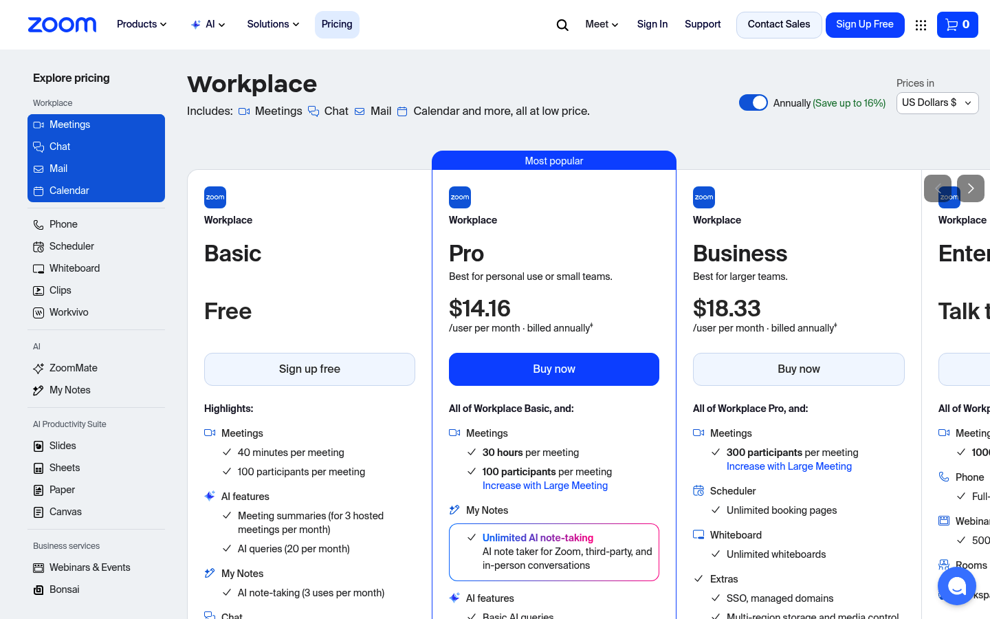 Screenshot of Zoom's pricing page showing its plans and prices