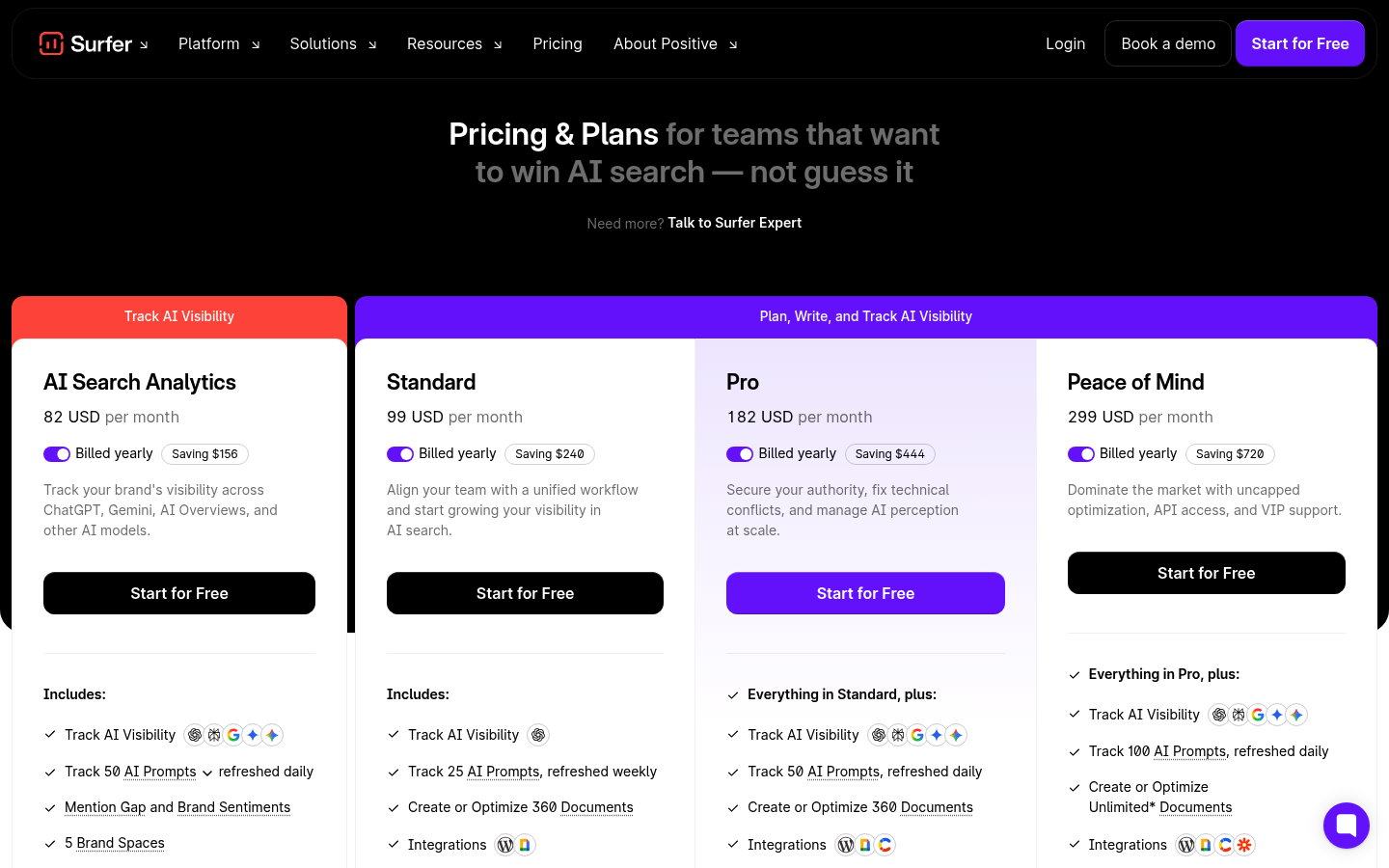 Screenshot of SurferSEO's pricing page showing its plans and prices