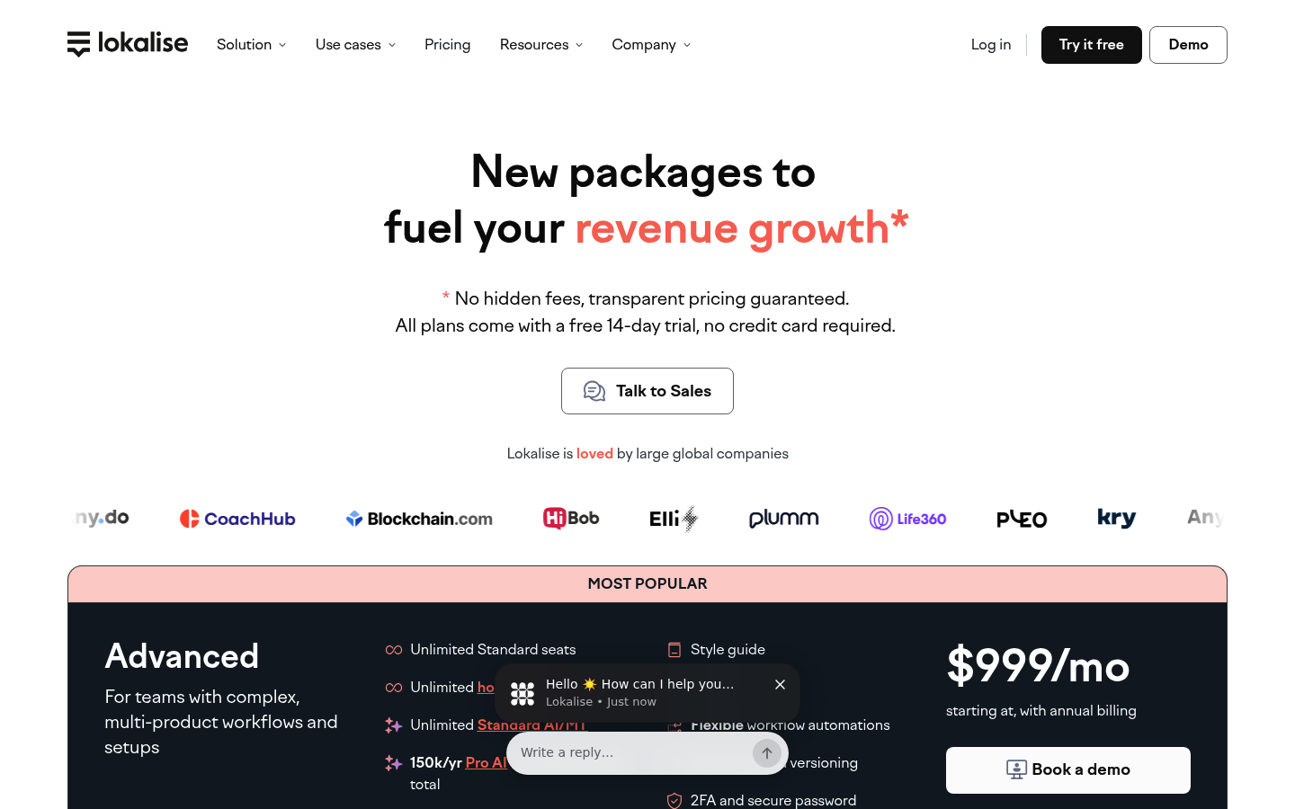 Screenshot of Lokalise's pricing page showing its plans and prices