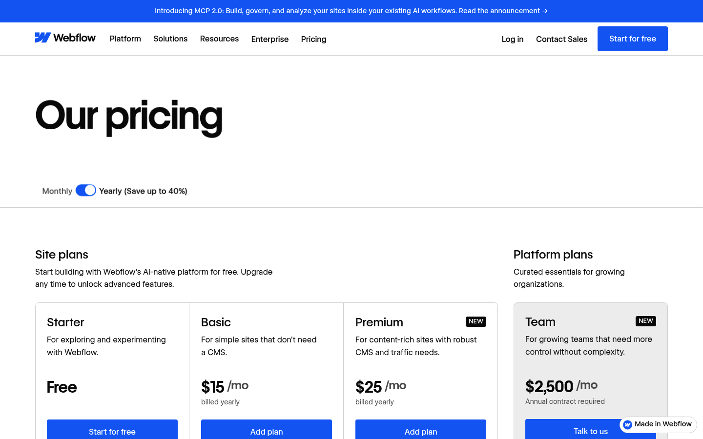 Screenshot of Webflow's pricing page showing its plans and prices