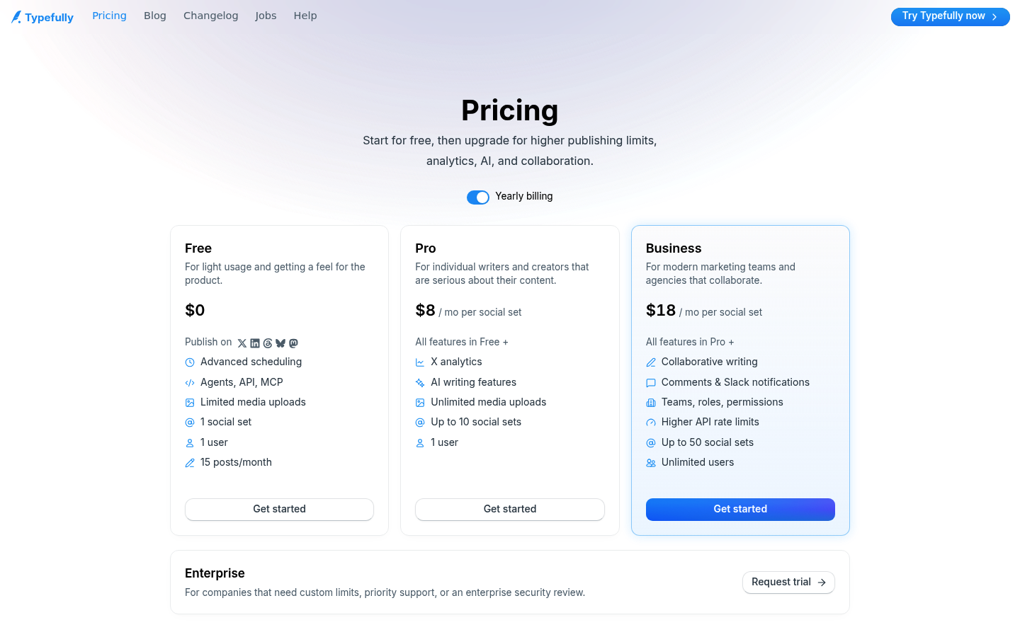 Screenshot of Typefully's pricing page showing its plans and prices