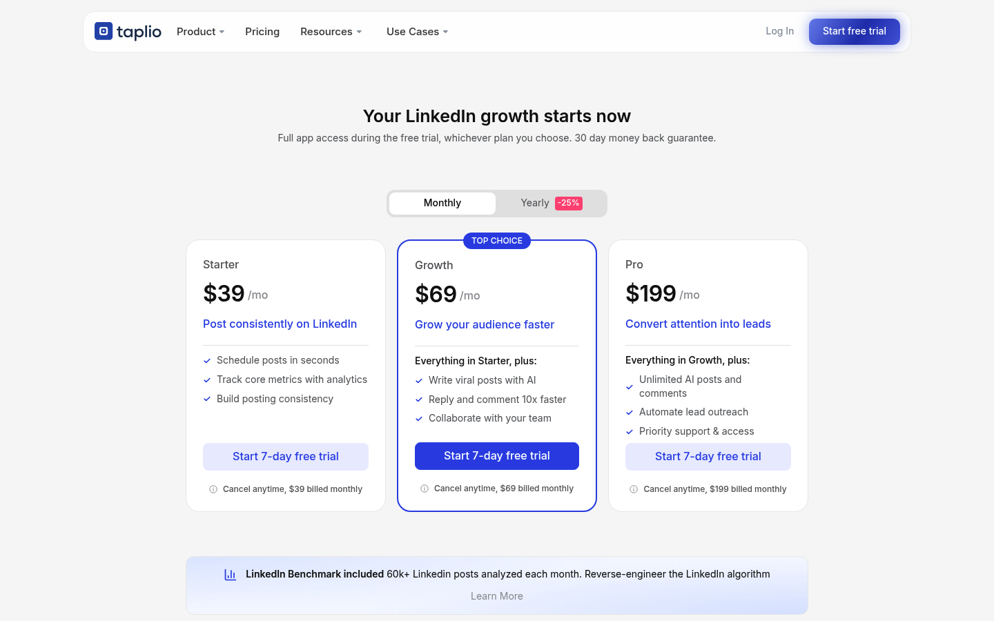 Screenshot of Taplio's pricing page showing its plans and prices
