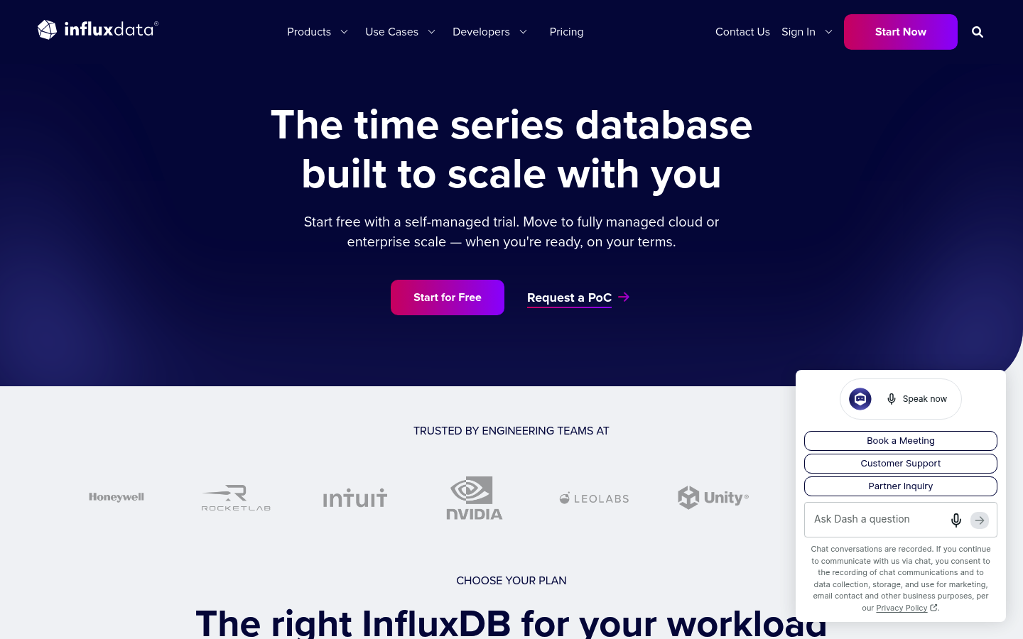 Screenshot of InfluxDB's pricing page showing its plans and prices