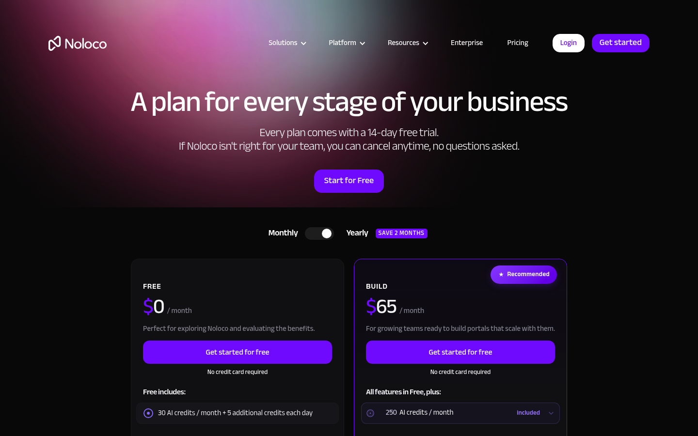Screenshot of Noloco's pricing page showing its plans and prices