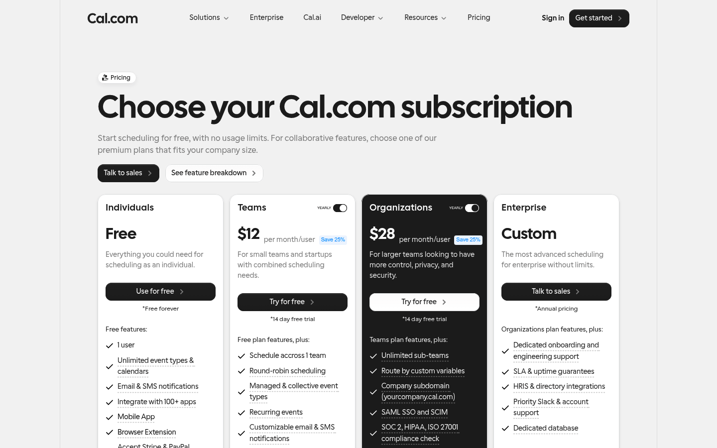 Screenshot of Cal.com's pricing page showing its plans and prices
