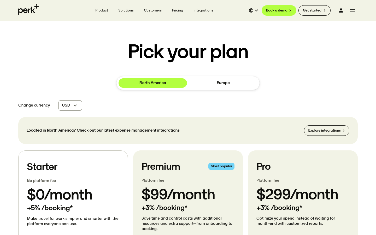 Screenshot of TravelPerk's pricing page showing its plans and prices
