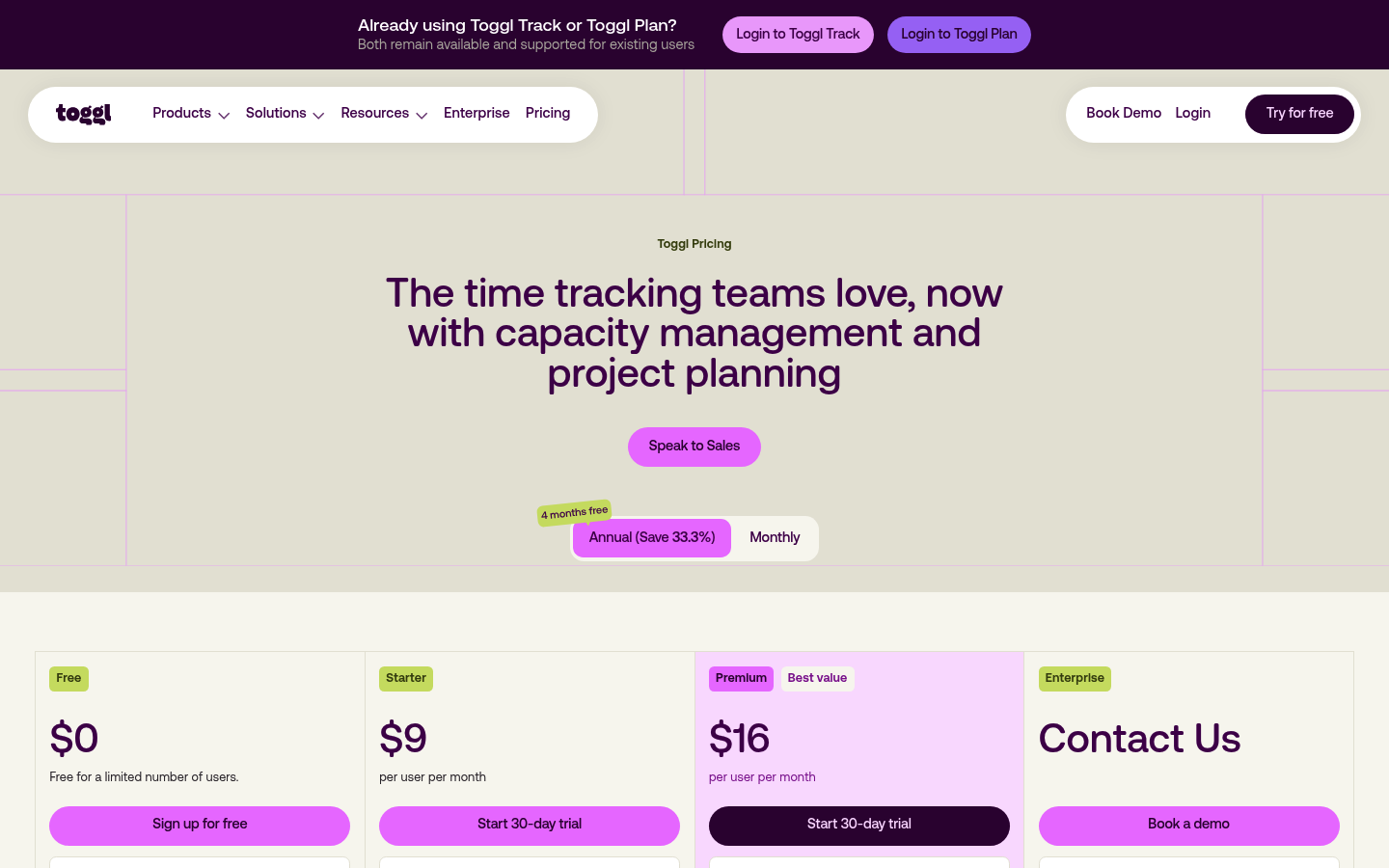 Screenshot of Toggl Track's pricing page showing its plans and prices