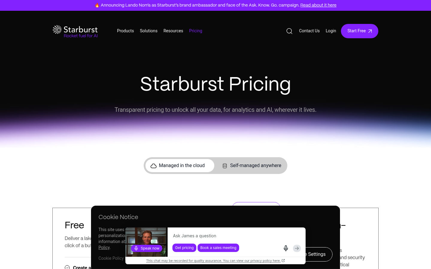 Screenshot of Starburst's pricing page showing its plans and prices