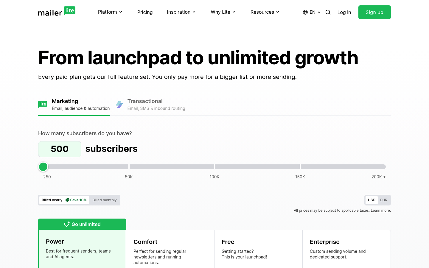 Screenshot of MailerLite's pricing page showing its plans and prices