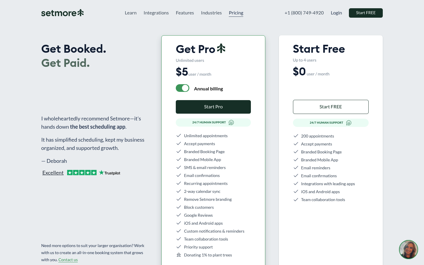 Screenshot of Setmore's pricing page showing its plans and prices