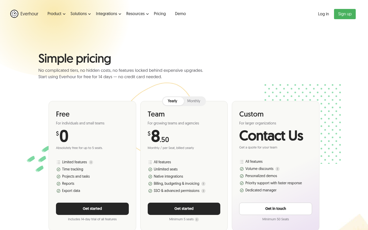 Screenshot of Everhour's pricing page showing its plans and prices