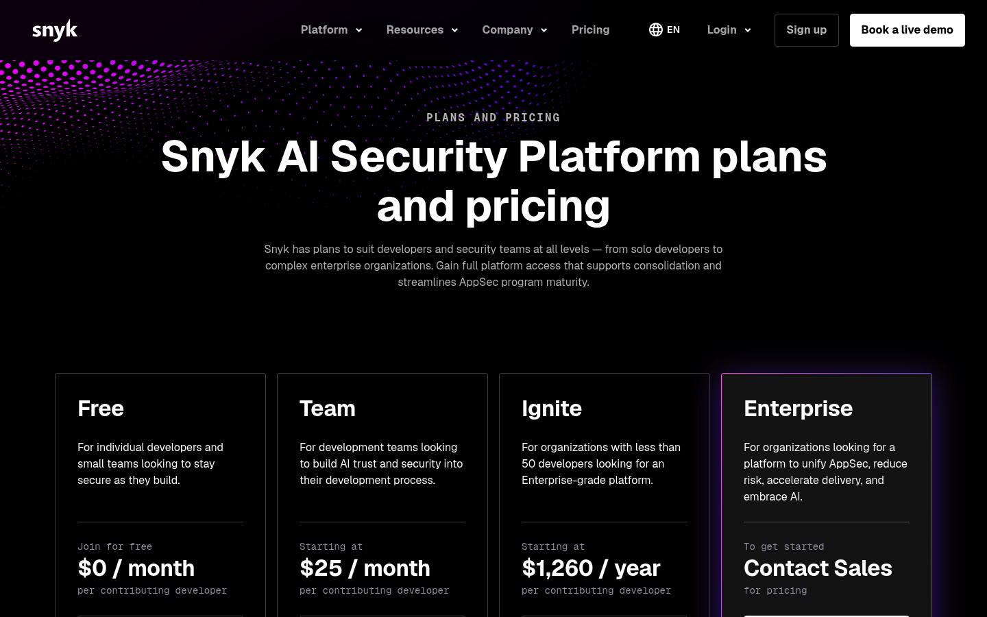 Screenshot of Snyk's pricing page showing its plans and prices