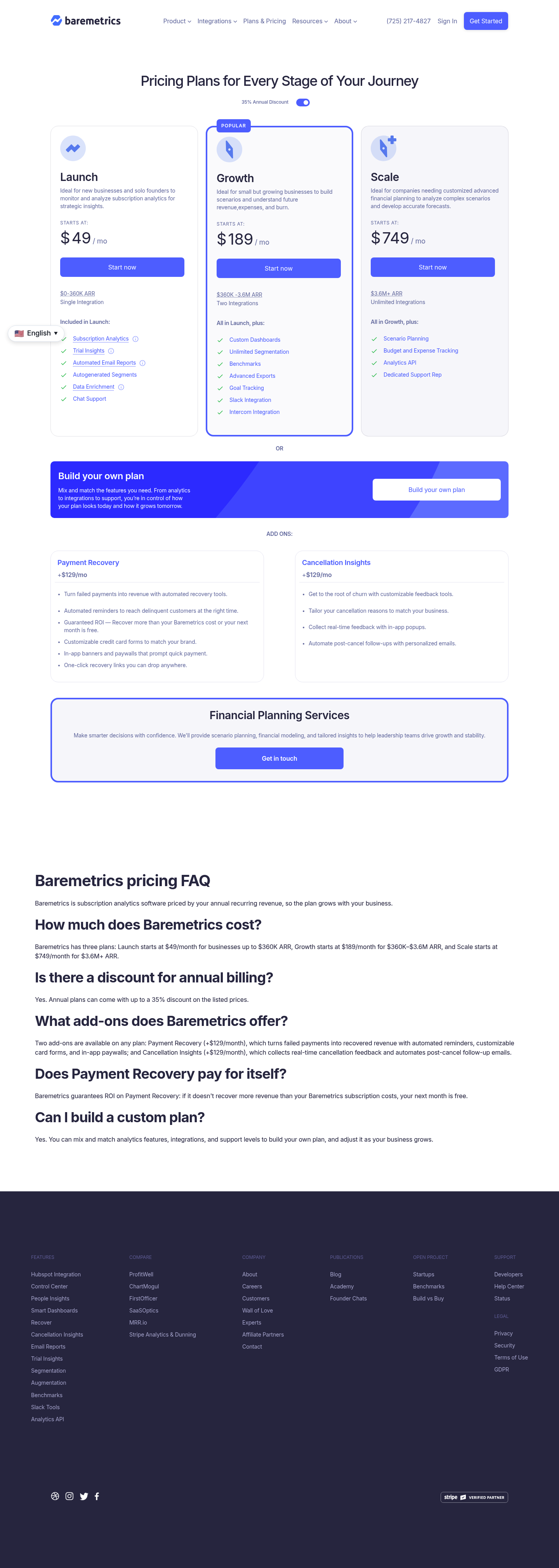 Screenshot of Baremetrics's pricing page showing its plans and prices