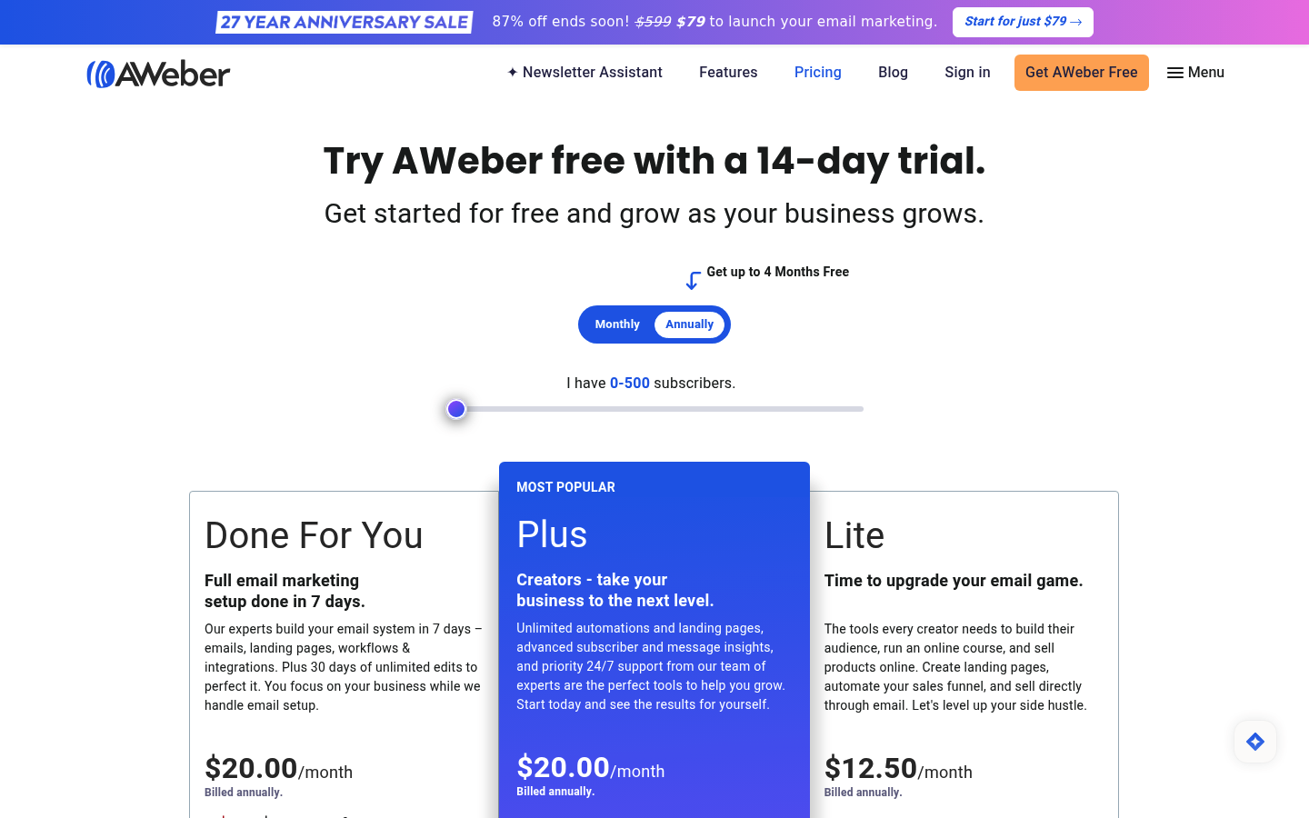 Screenshot of AWeber's pricing page showing its plans and prices