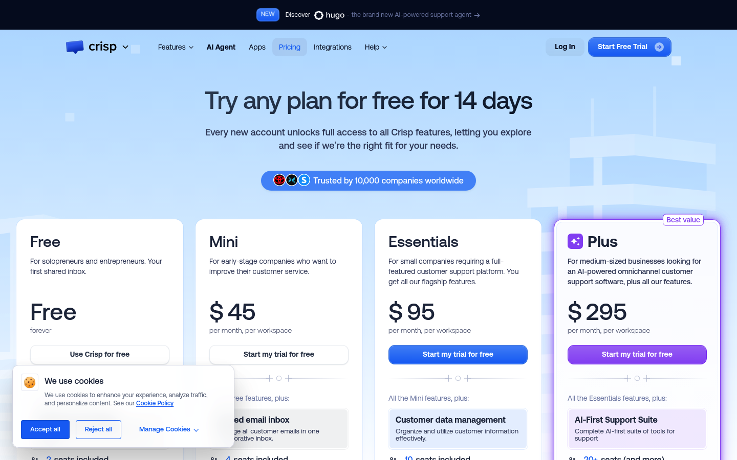 Screenshot of Crisp's pricing page showing its plans and prices