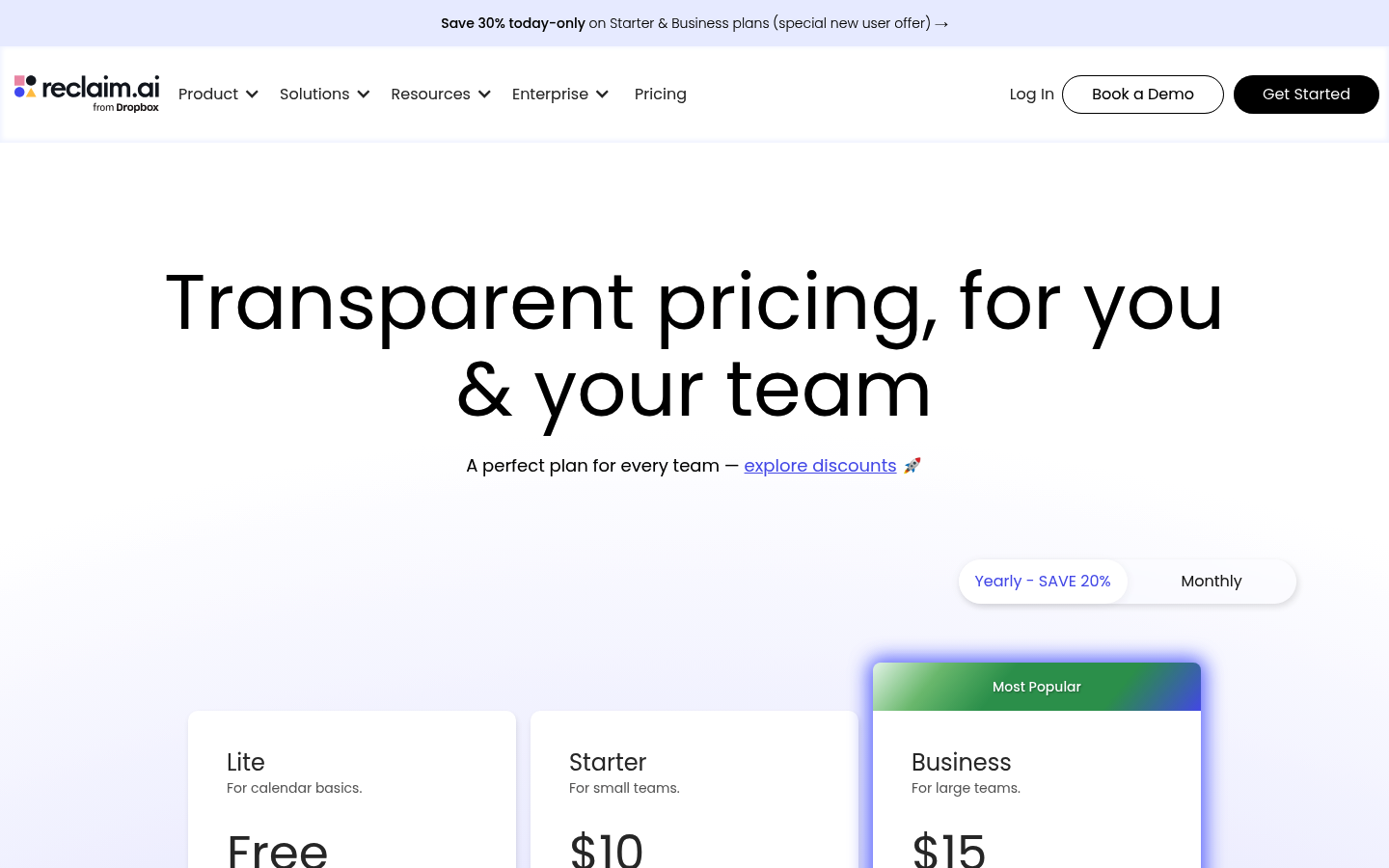 Screenshot of Reclaim.ai's pricing page showing its plans and prices