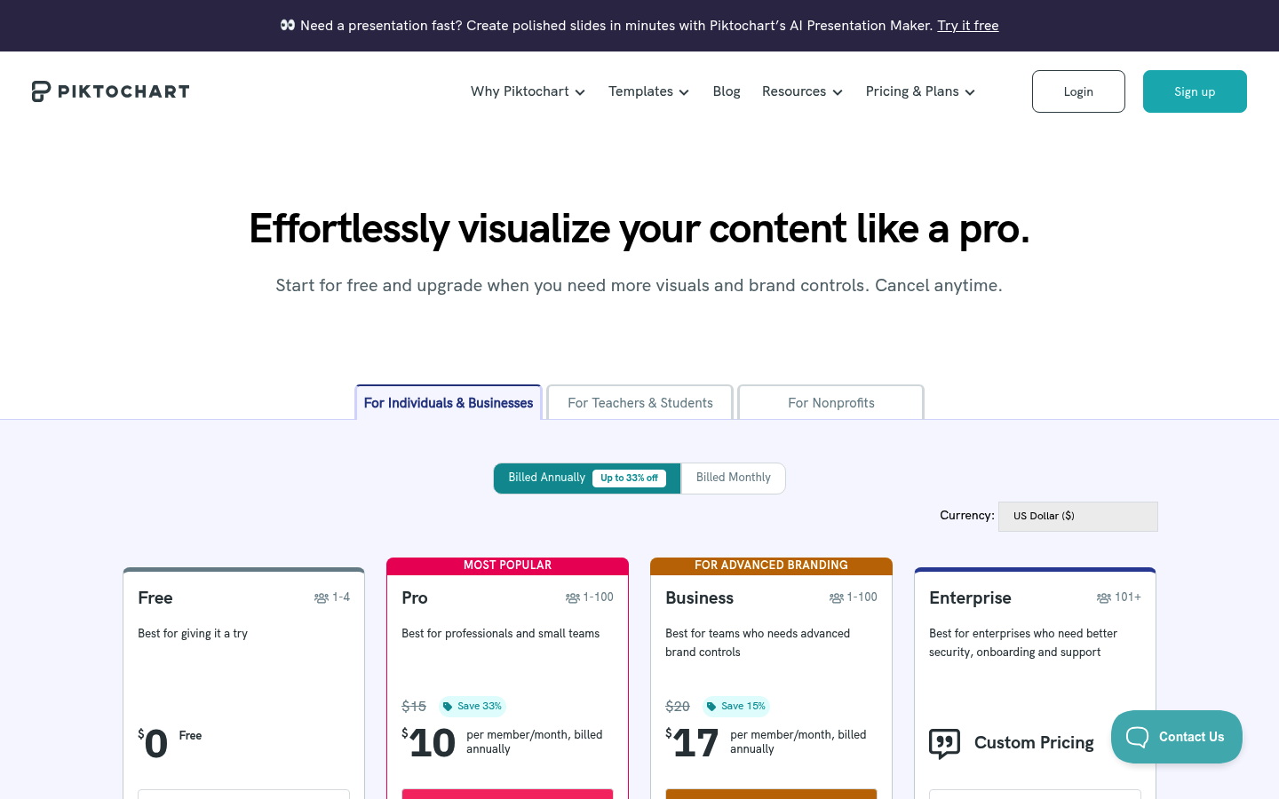 Screenshot of Piktochart's pricing page showing its plans and prices