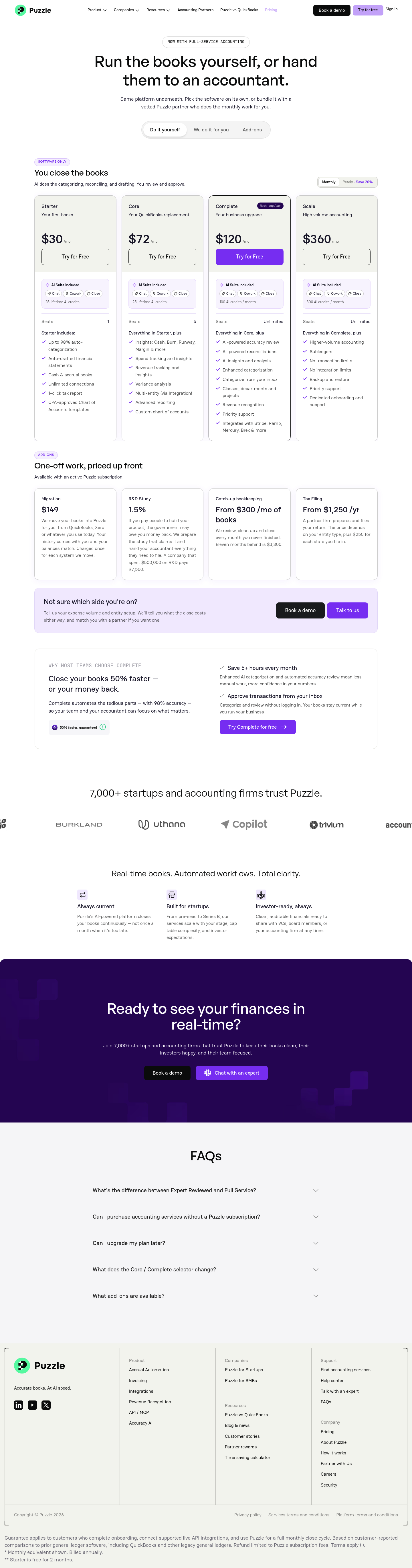 Screenshot of Puzzle's pricing page showing its plans and prices