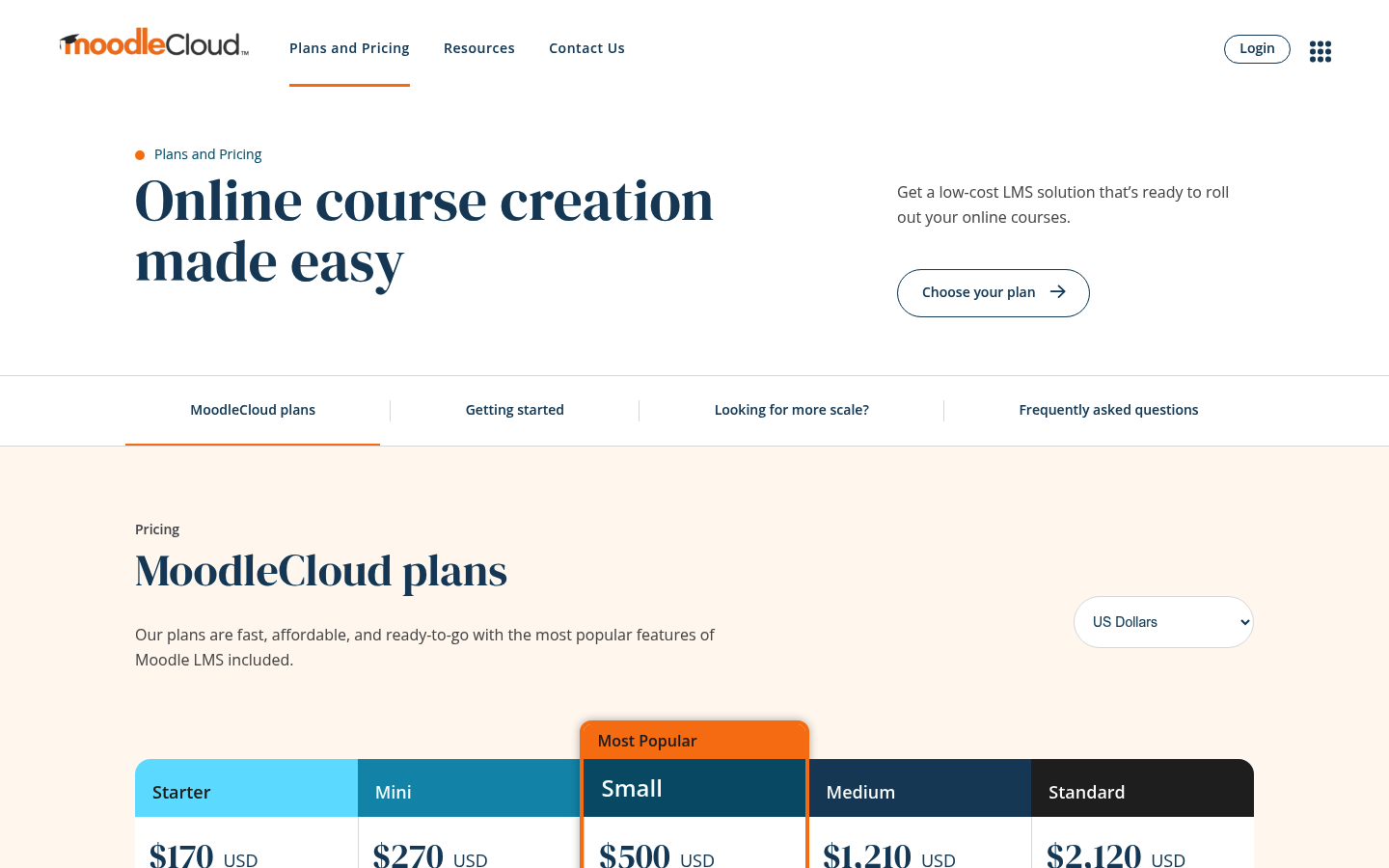 Screenshot of Moodle's pricing page showing its plans and prices