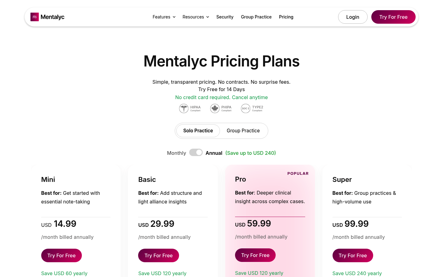Screenshot of Mentalyc's pricing page showing its plans and prices