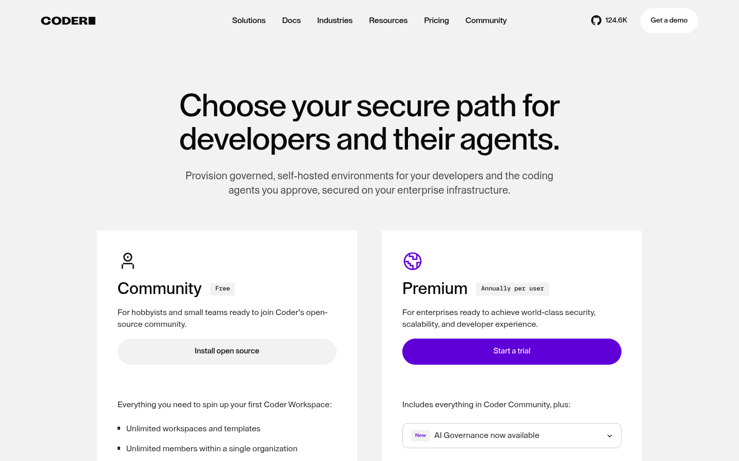 Screenshot of Coder's pricing page showing its plans and prices