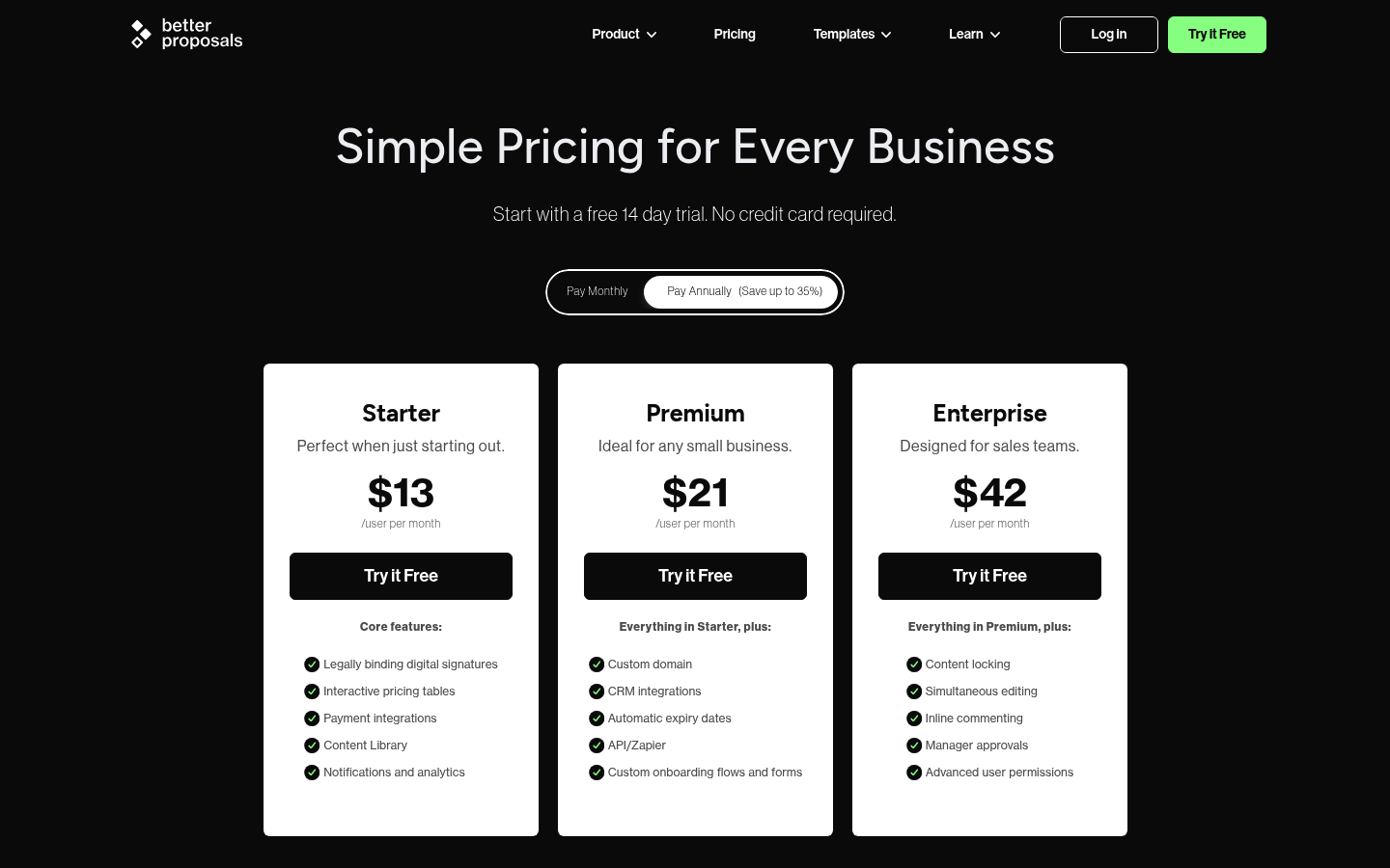 Screenshot of Better Proposals's pricing page showing its plans and prices