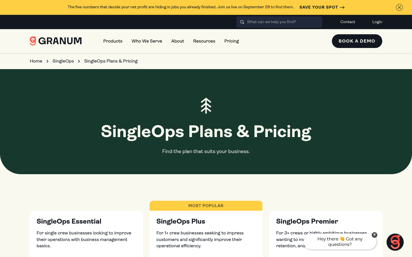 Screenshot of SingleOps's pricing page showing its plans and prices